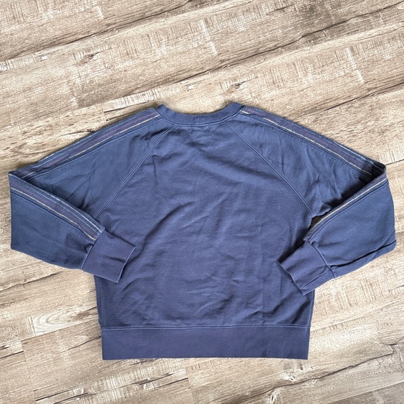 Evereve Denim Blue Sweatshirt multi colored embroidered stripes on arms Med - Picture 8 of 11